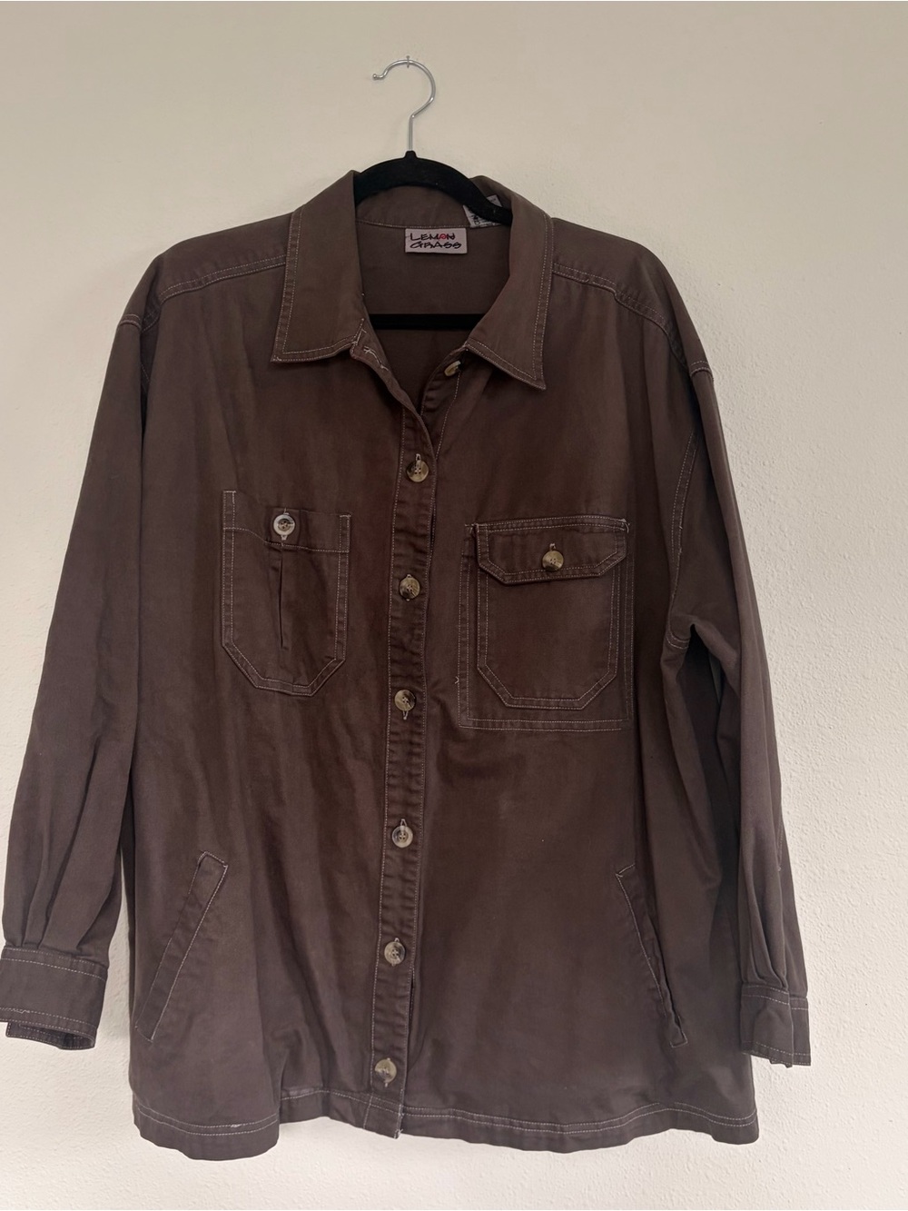 100% Cotton Chocolate Brown Men's Utility Button-Up Shirt Jacket